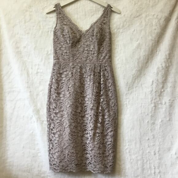 David Bridal Short Mocha Lace Dress with V-Neck - Picture 3 of 16